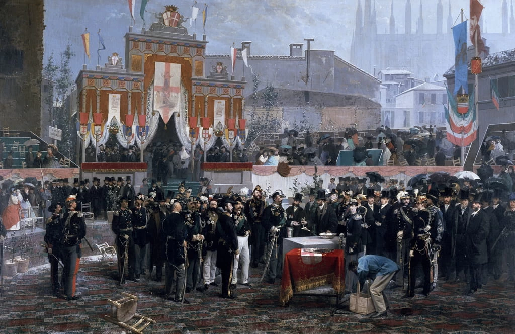 Cerimonia di posa della prima pietra della Galleria Vittorio Emanuele II a Milano, 7 marzo